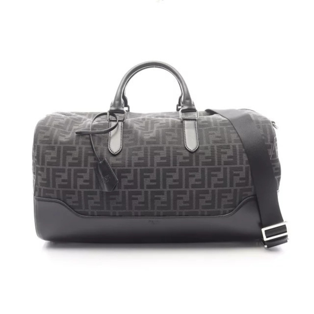 Fendi FF Jacquard Duffle Bag Boston Canvas Leather Gray Black